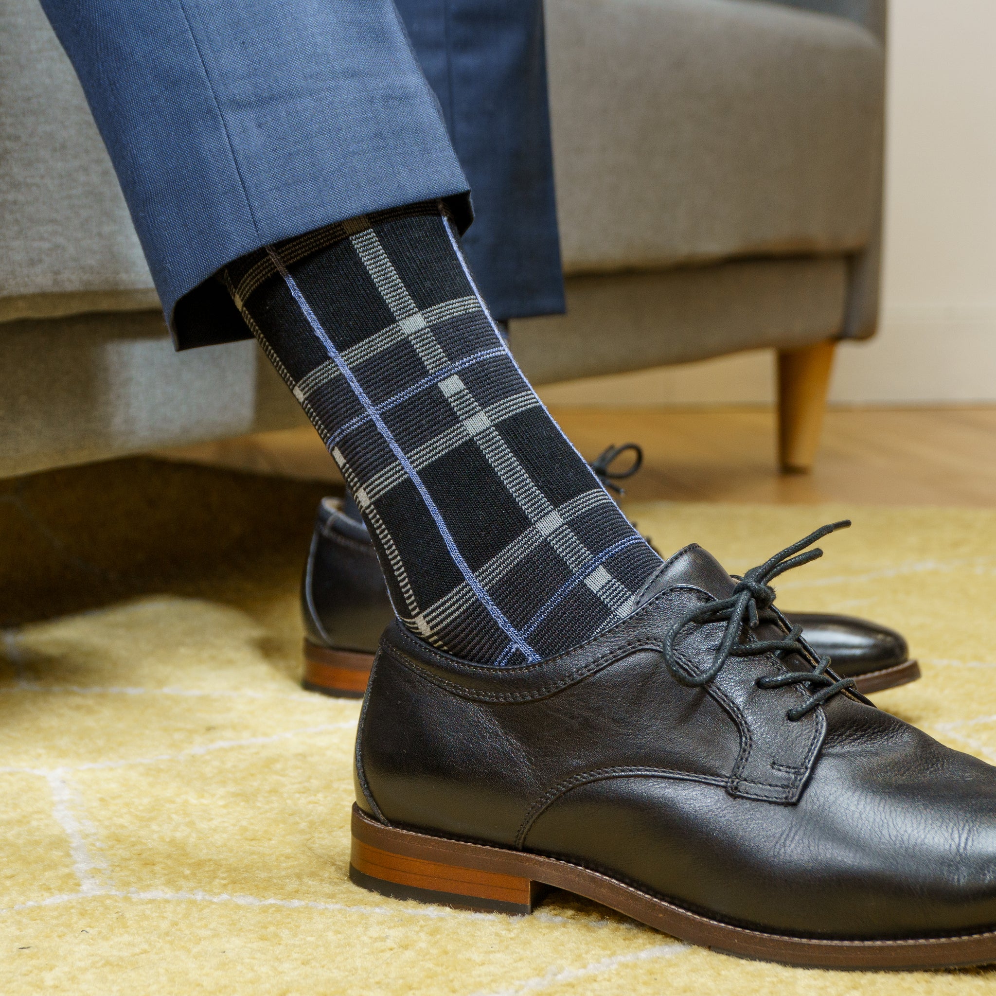 Nu Bamboo Crew Sock - Check Black Indigo