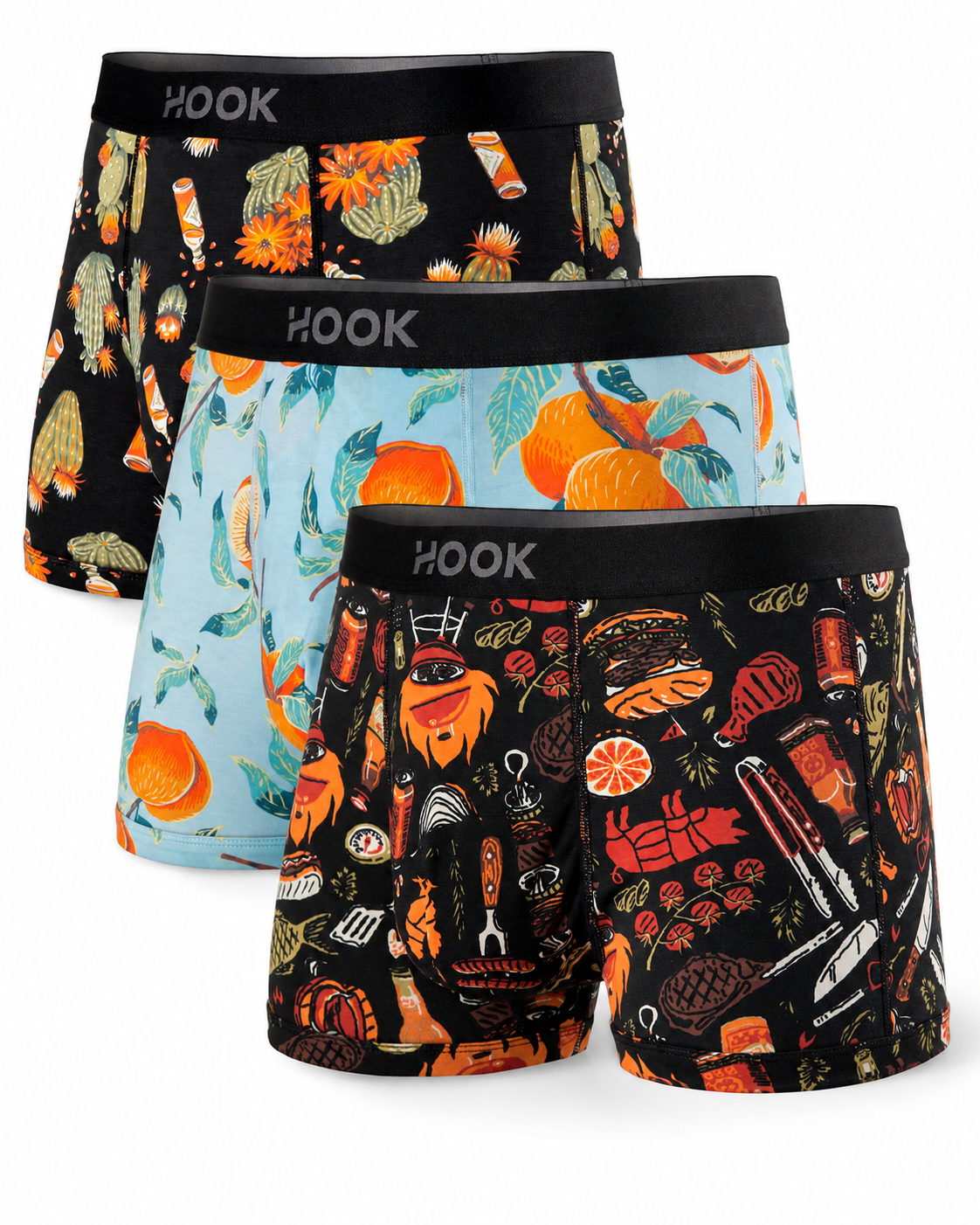 3 boxers courts Max 1X BBQ, 1X Pêches, 1X Muy Caliente