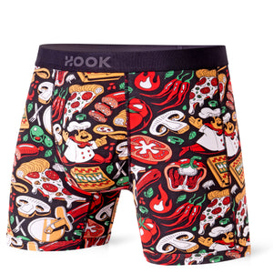 Pack #9 : 5 boxers courts Max 1X Pizza, 1X Palmiers, 1X Québec, 1X Requins et 1x Pêcheurs
