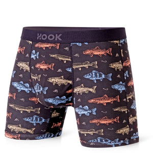 Pack#7 : 5 boxers courts Max 1X Pêcheurs, 1X Pizza, 1X Bleu Nautique, 1X Gris Ardoise et 1X Noir Carbone