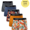 5 boxers courts Max : 1X aztek rouge, 1X perroquets et 1X ocre brûlé, 1X bleu marine et charcoal