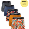 5 boxers Max : 1X aztek rouge, 1X perroquets et 1X ocre brûlé, 1X bleu marine et charcoal