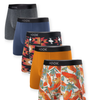 5 boxers Max : 1X aztek rouge, 1X perroquets et 1X ocre brûlé, 1X bleu marine et charcoal