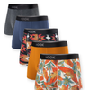 5 Max boxer briefs: 1x red aztec, 1x parrots, 1x burnt ochre, 1x navy blue, and 1x charcoal