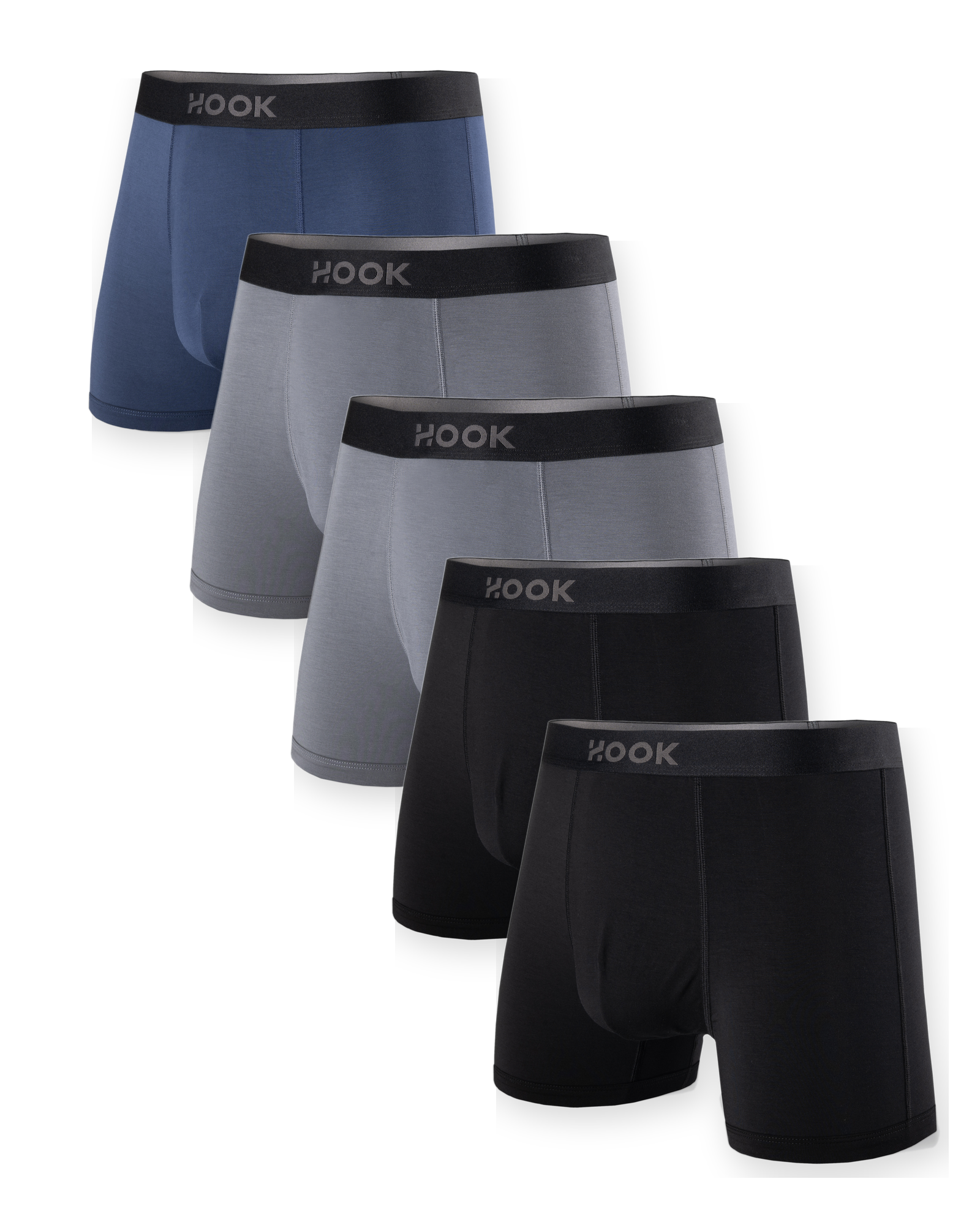 5 boxers courts Max+ -3,5 po : 1X Bleu marin, 2X gris pur et 2X noir