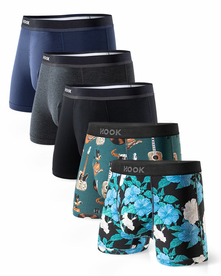 5 boxers courts Max+ 1X Noir, 1X Bleu marin, 1X Charcoal, 1X Cowboy et 1X Floral