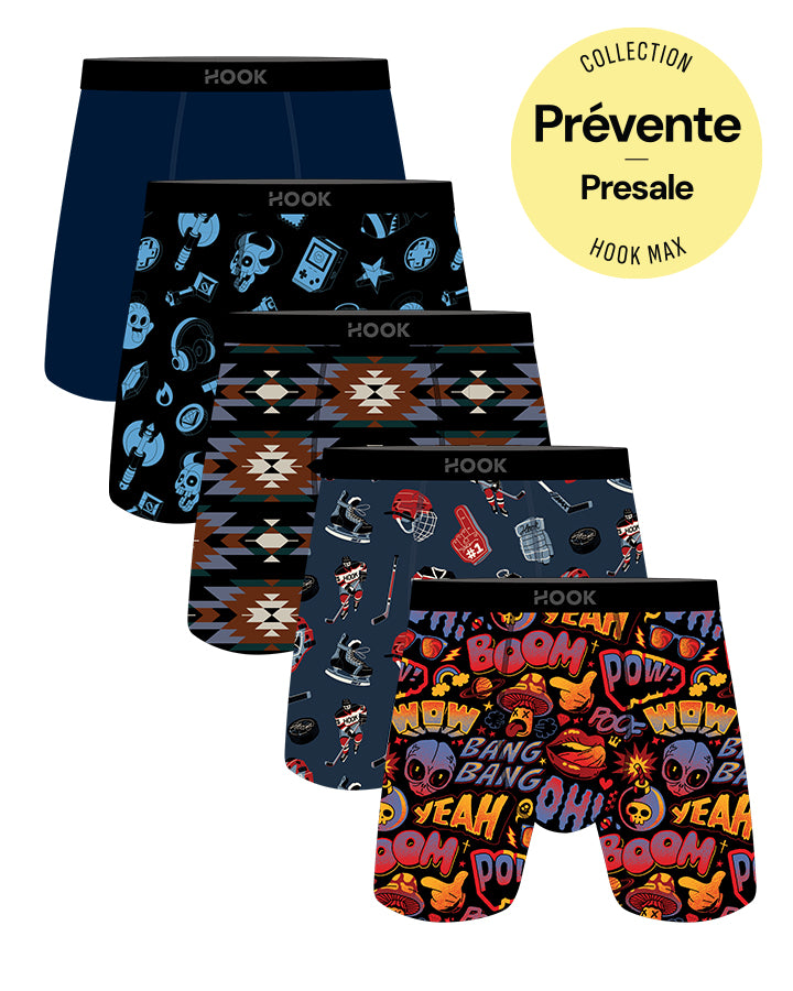 Pack : 5 boxers Max 1X Tir au but, 1X Aztek, 1X Pow, 1X Arcade et 1X Bleu