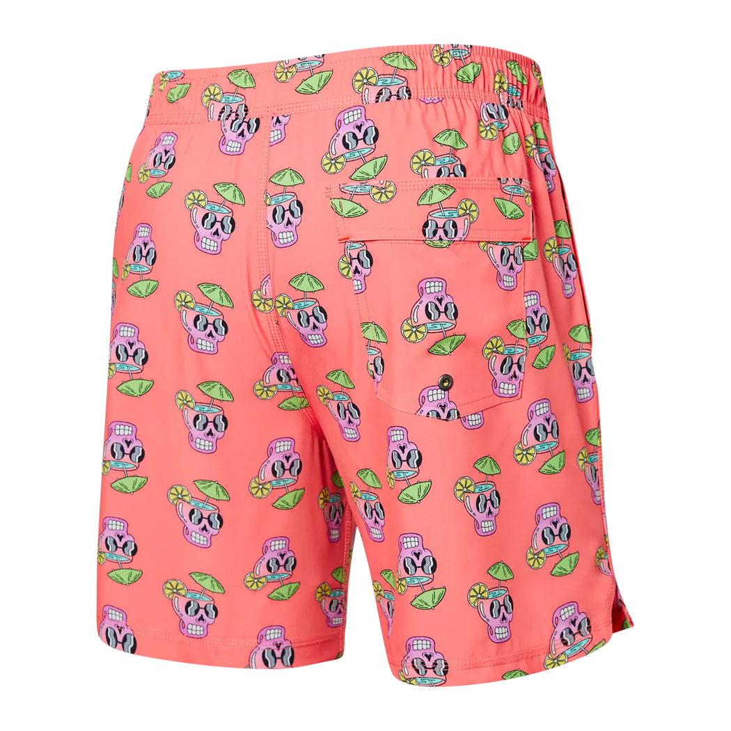 Saxx - Oh Buoy Strecth Volley 7" Swim Shorts : Drunken Skulls-Hot Coral