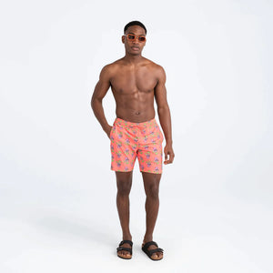 Saxx - Oh Buoy Strecth Volley 7" Swim Shorts : Drunken Skulls-Hot Coral