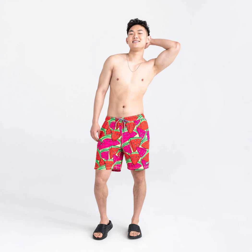 Saxx - Oh Buoy Strecth Volley 7" Swim Shorts : Mega Mega Melon-Red