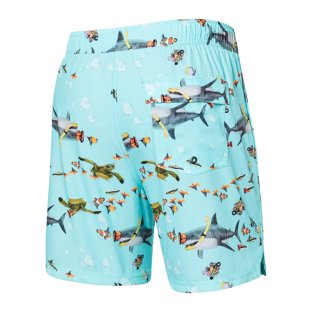 Saxx - Oh Buoy Strecth Volley 7" Swim Shorts : Shark Skhool-Aqua