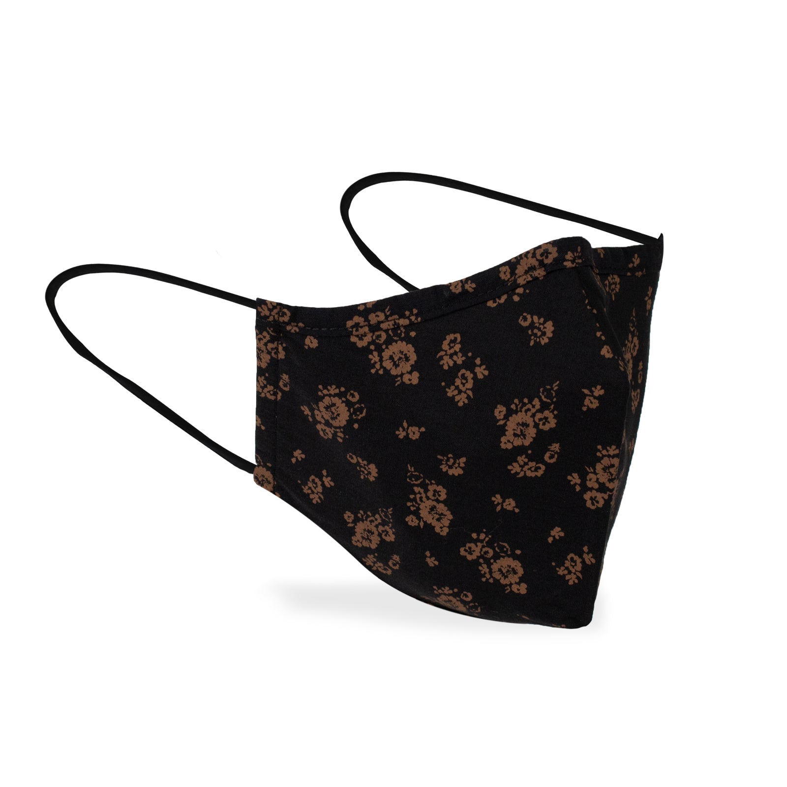 Masque en tissus lavable noir avec motifs fleuris orange et brun